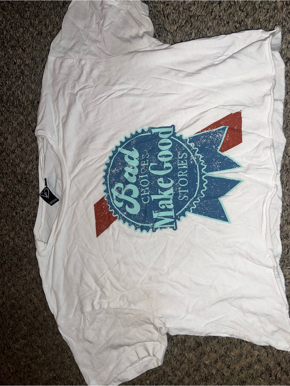 Juniors White Graphic Tee - Badge 'Good Choices Make Good Stories'